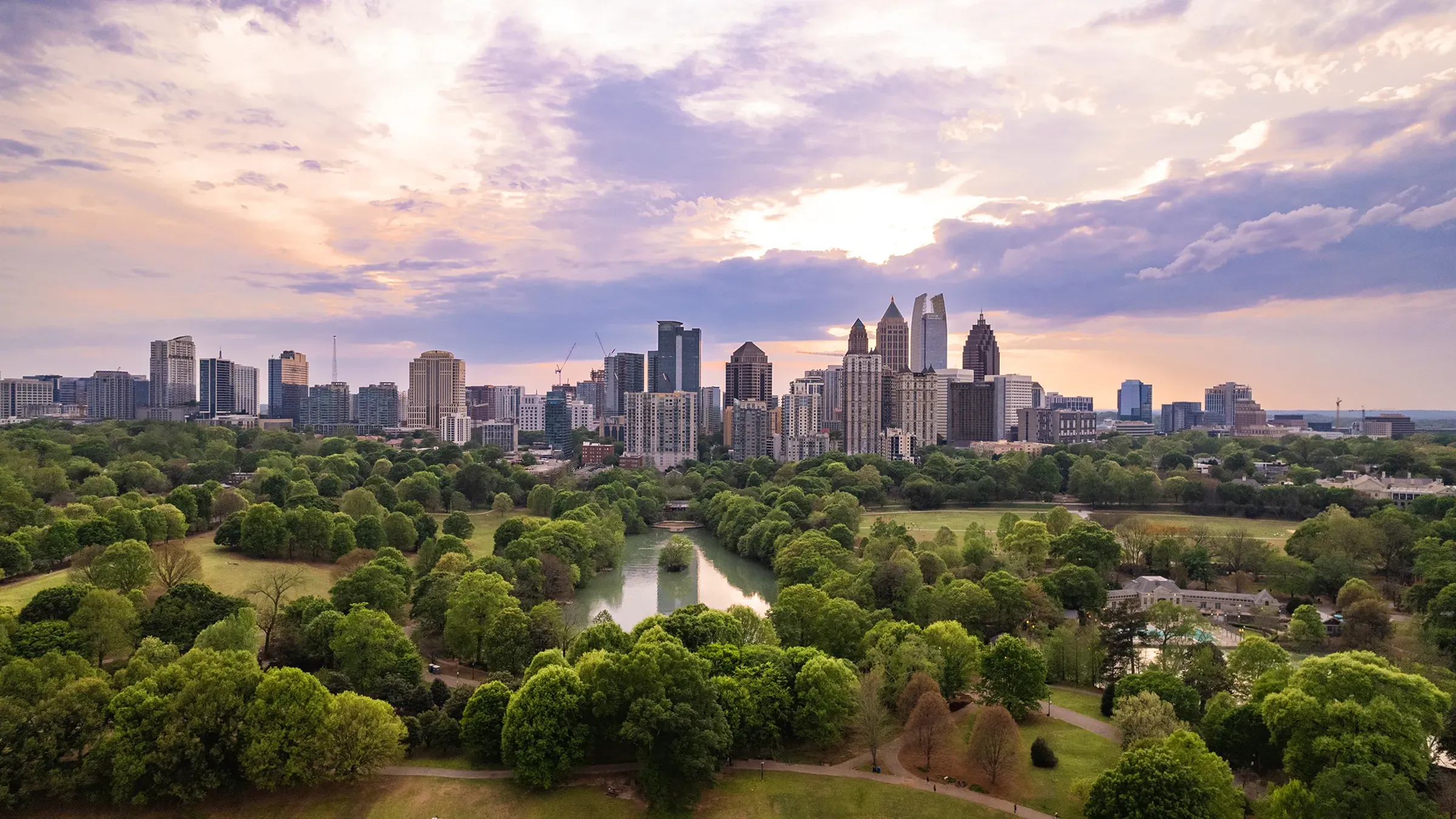Atlanta skyline over Piedmont Park at sunset
