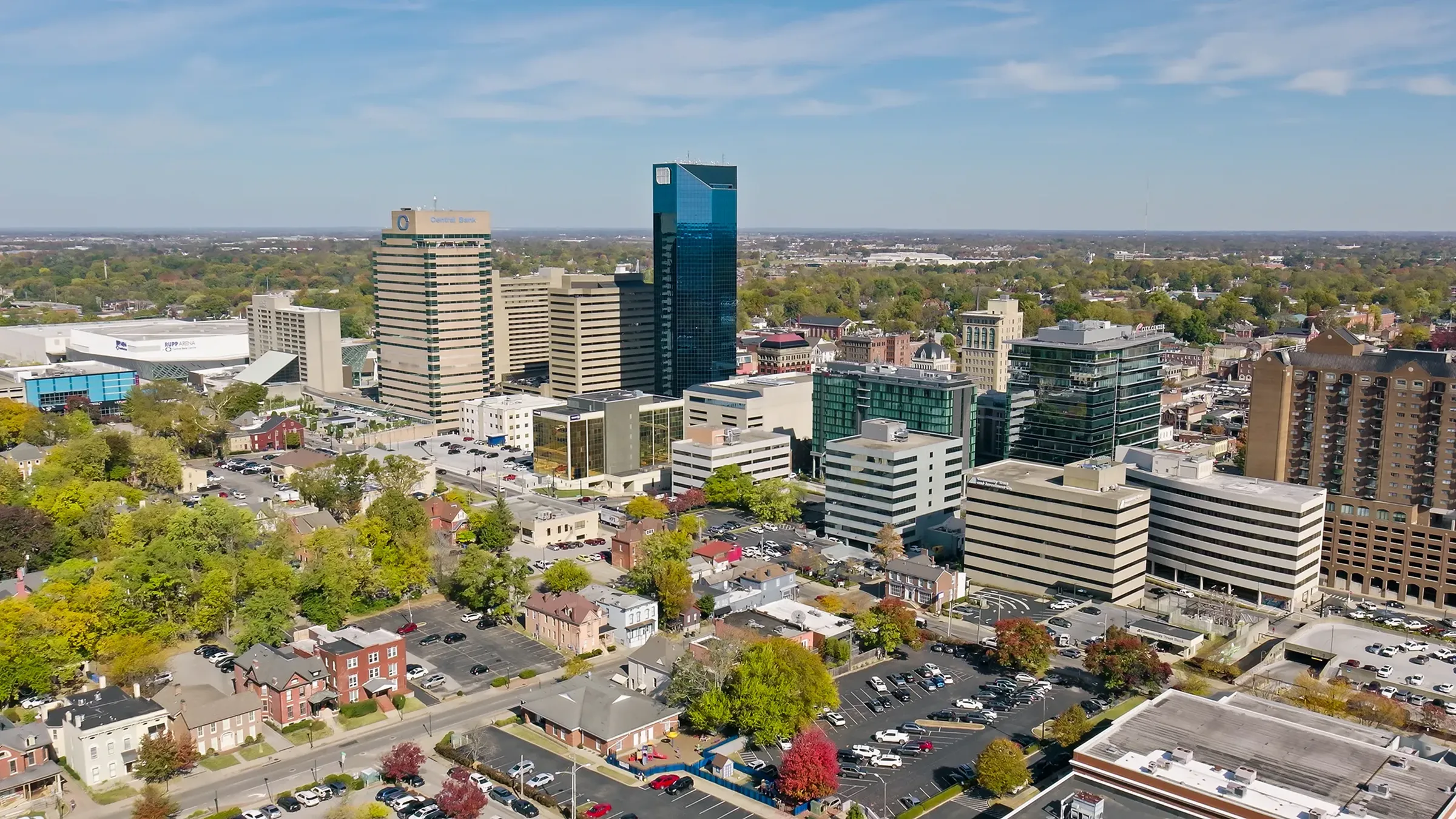 Aerial view of downtown skyline and offices