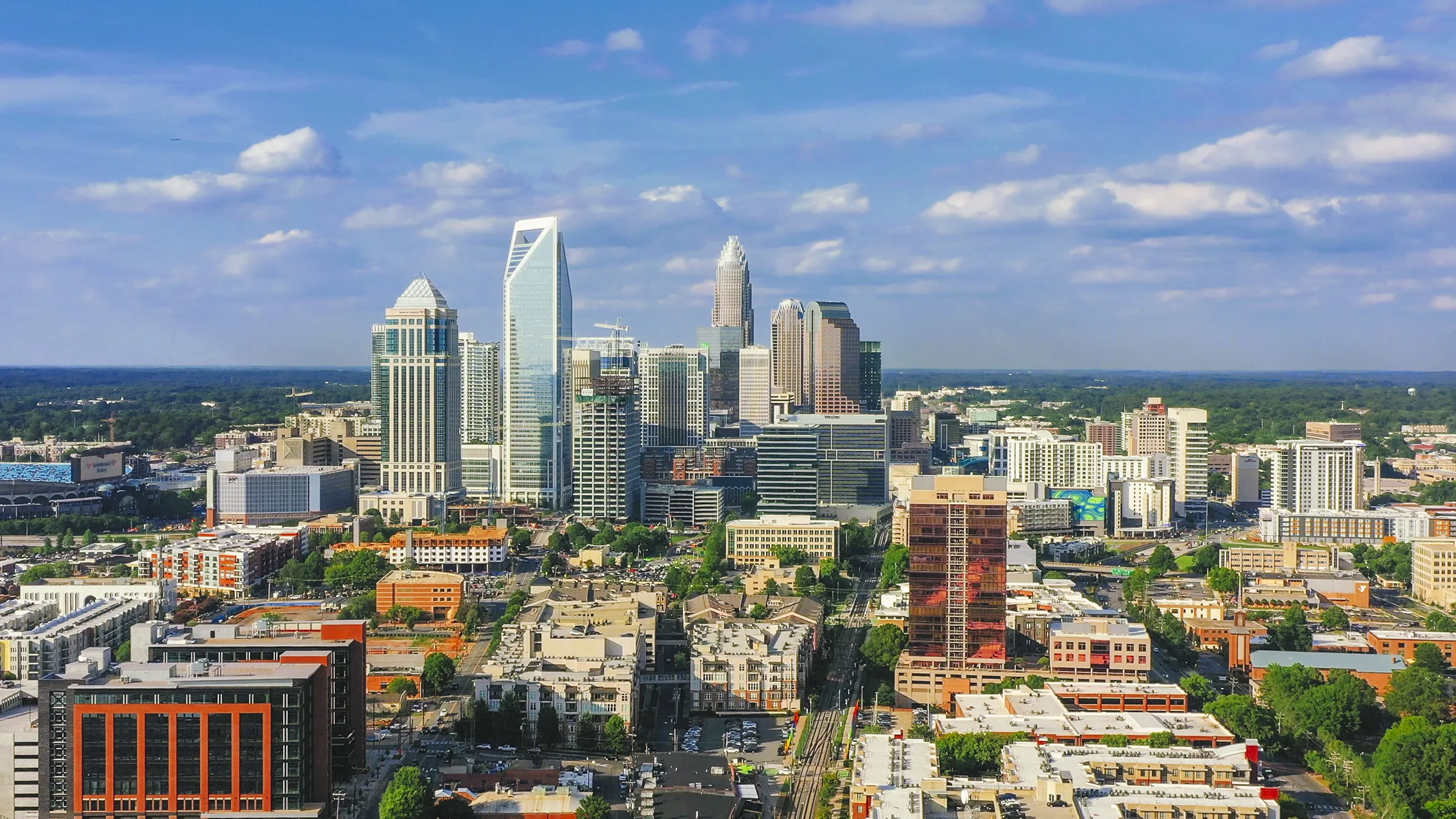 Charlotte North Carolina skyline under blue sky