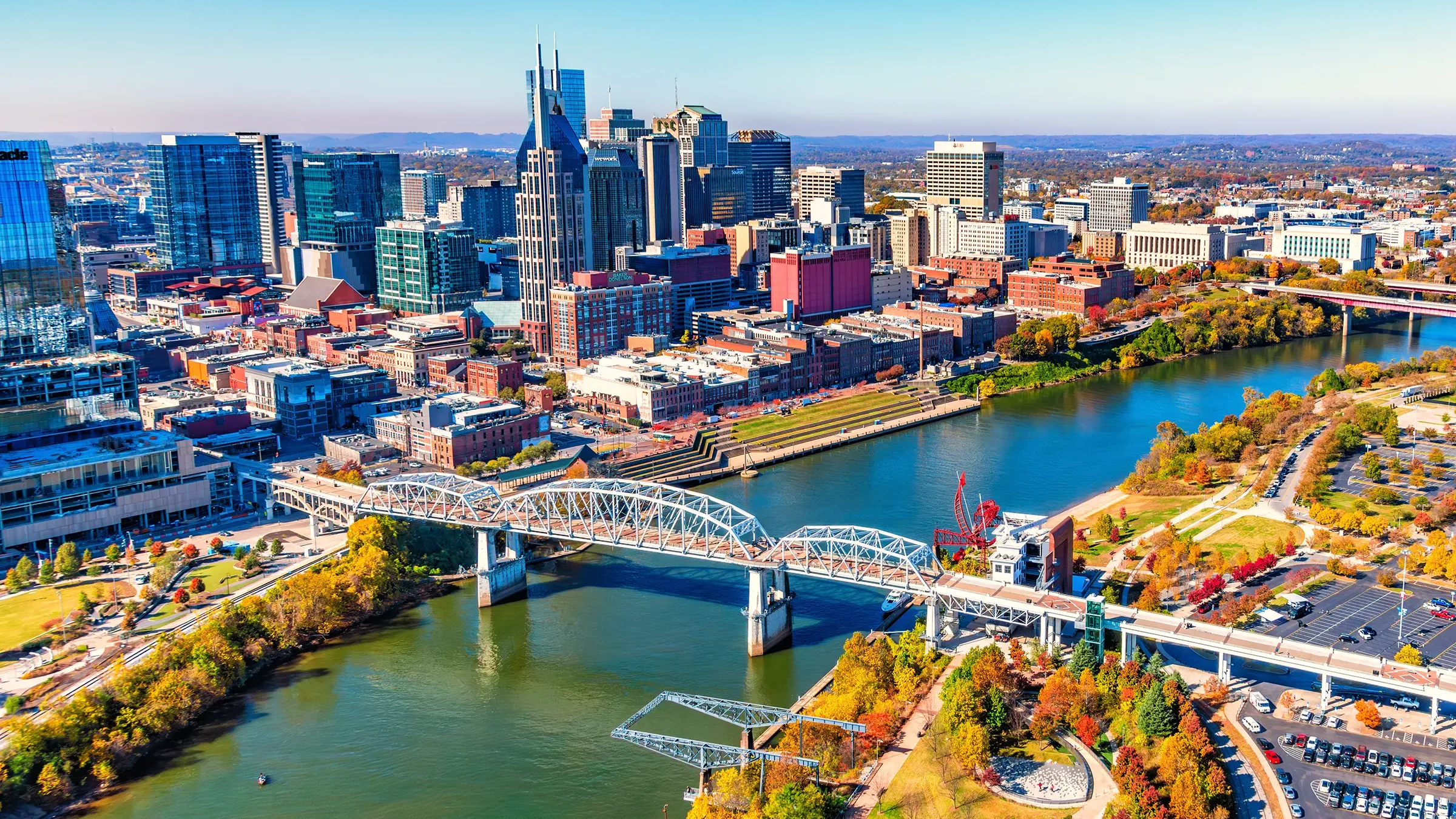 Nashville skyline over Cumberland River in autumn