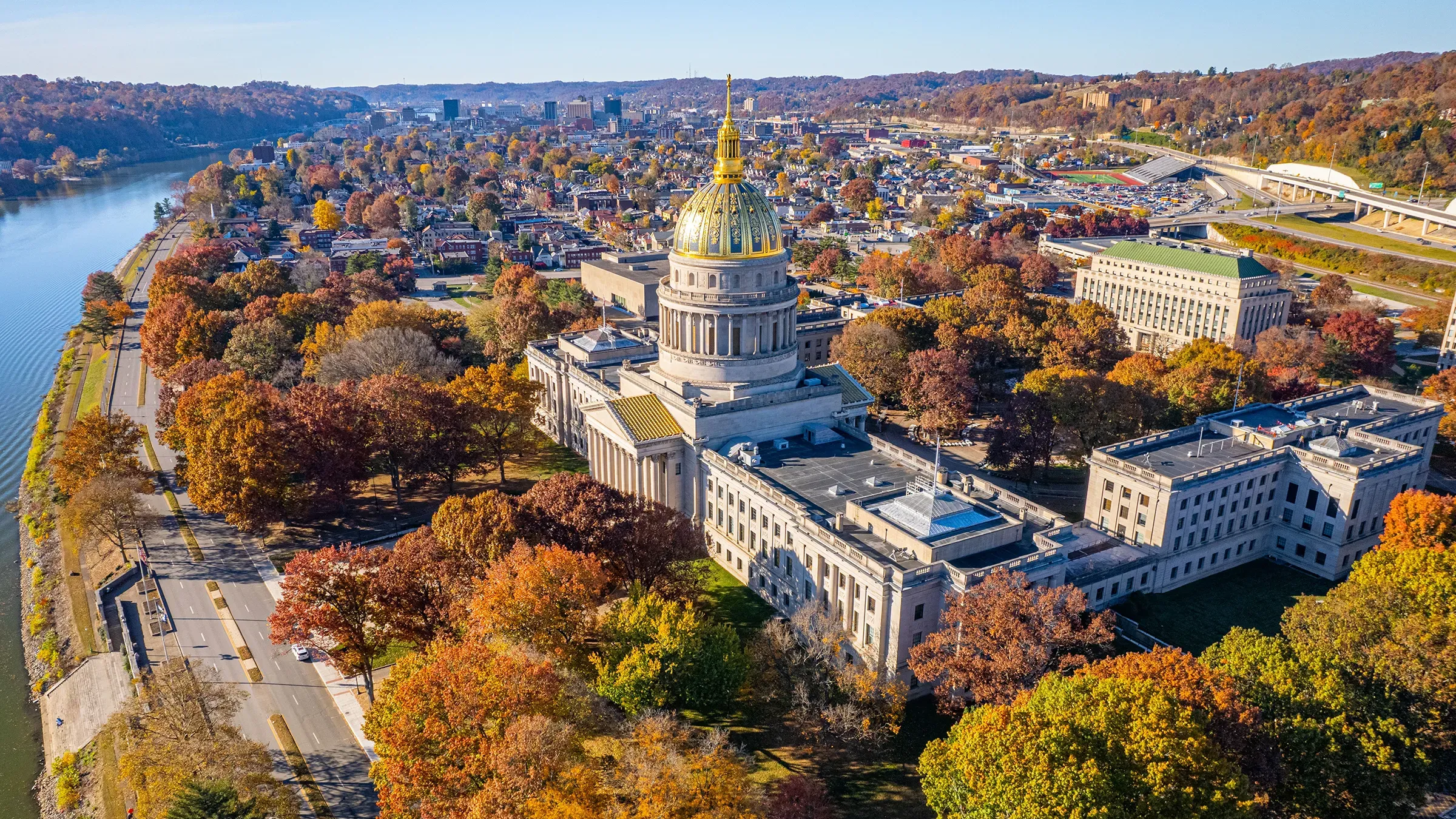 Aerial view of West Virginia State Capitol in fall
